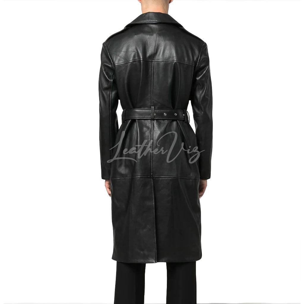 DOUBLE-BREASTED MEN LEATHER BELTED TRENCH COAT