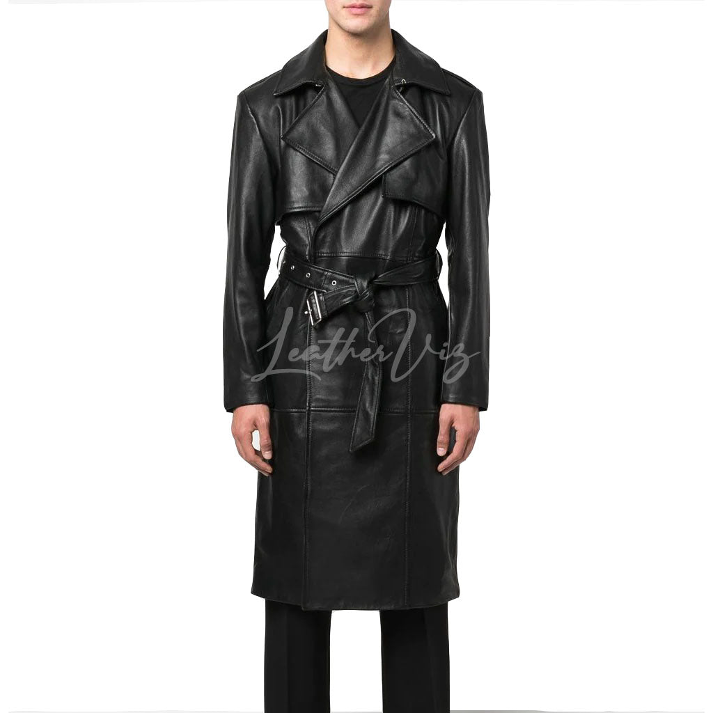 DOUBLE-BREASTED MEN LEATHER BELTED TRENCH COAT