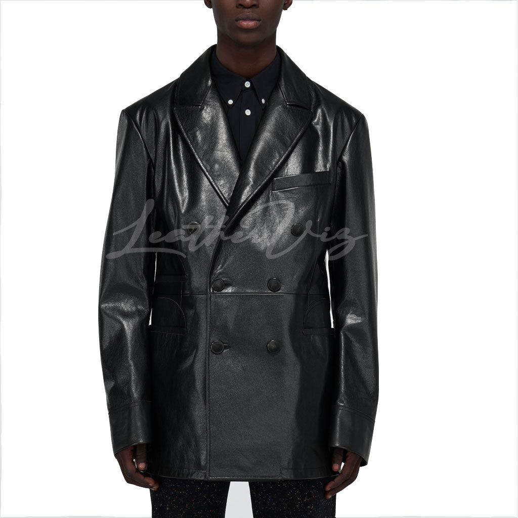 DOUBLE-BREASTED MEN LEATHER COAT