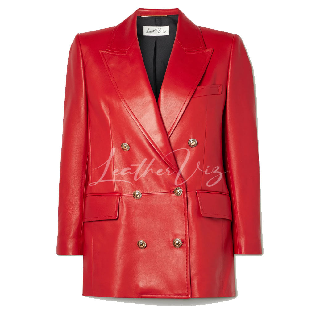 DOUBLE-BREASTED RED LEATHER BLAZER FOR WOMEN