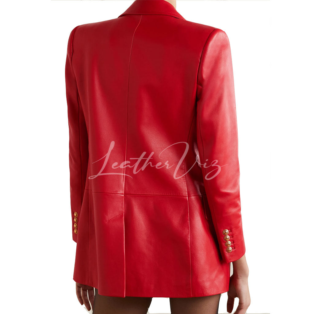 DOUBLE-BREASTED RED LEATHER BLAZER FOR WOMEN