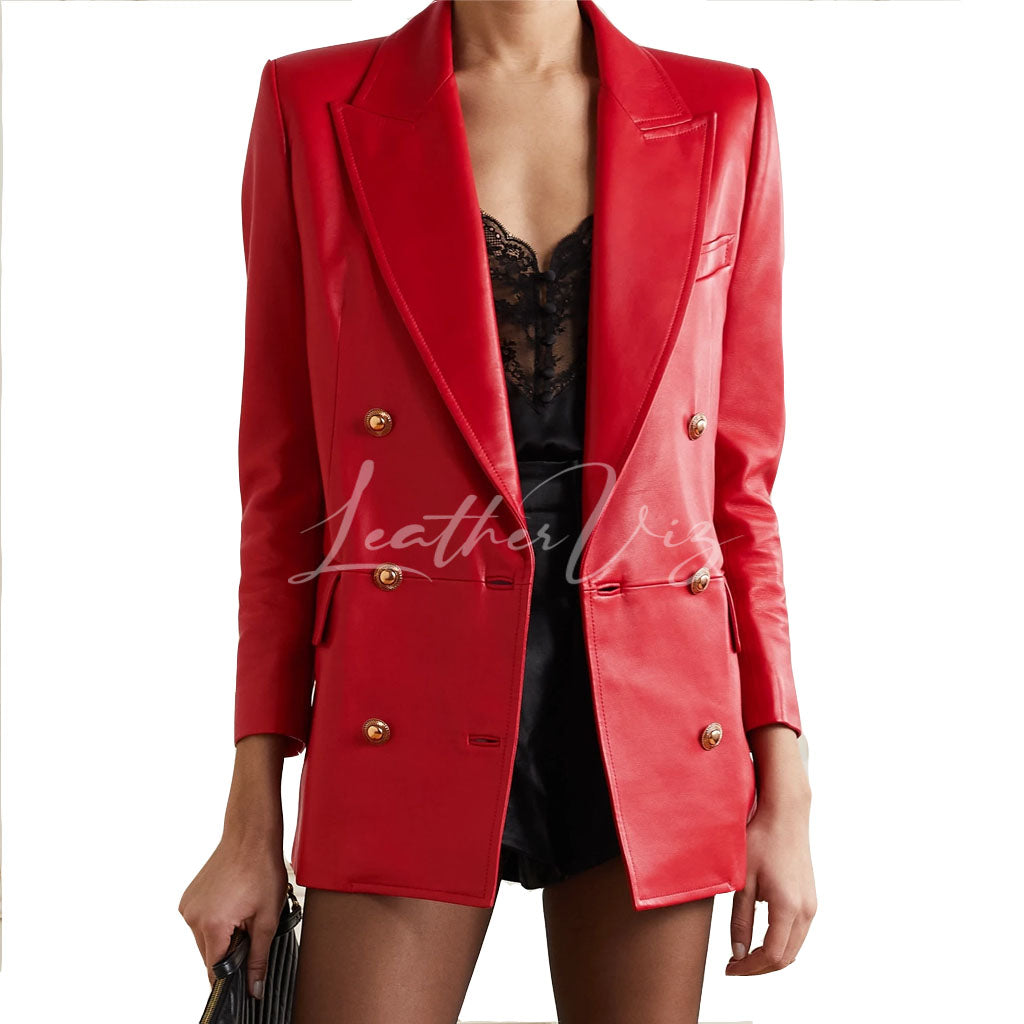 DOUBLE-BREASTED RED LEATHER BLAZER FOR WOMEN