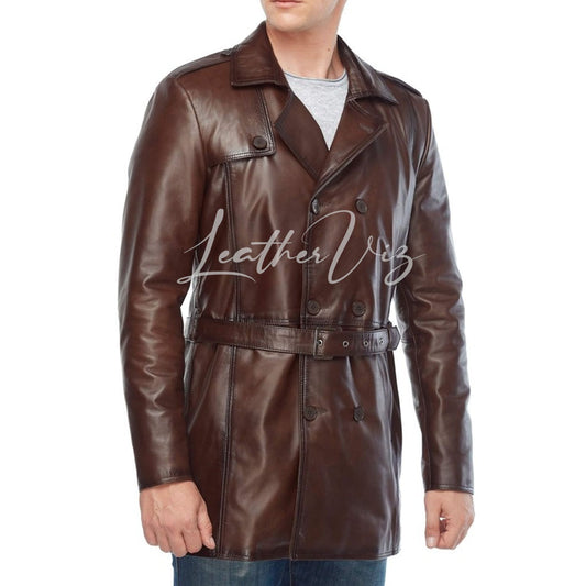 DOUBLE BREASTED CLOSURE MEN BROWN LEATHER COAT