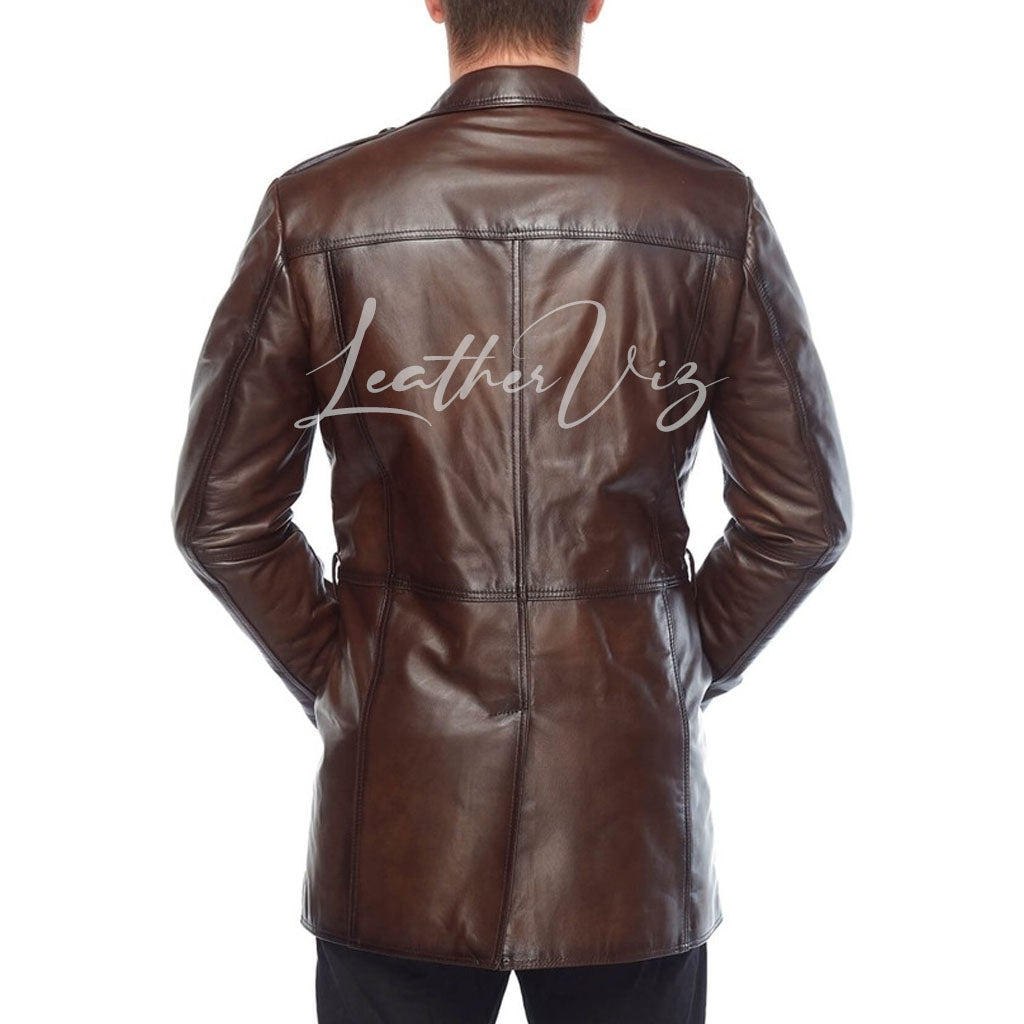 DOUBLE BREASTED CLOSURE MEN BROWN LEATHER COAT