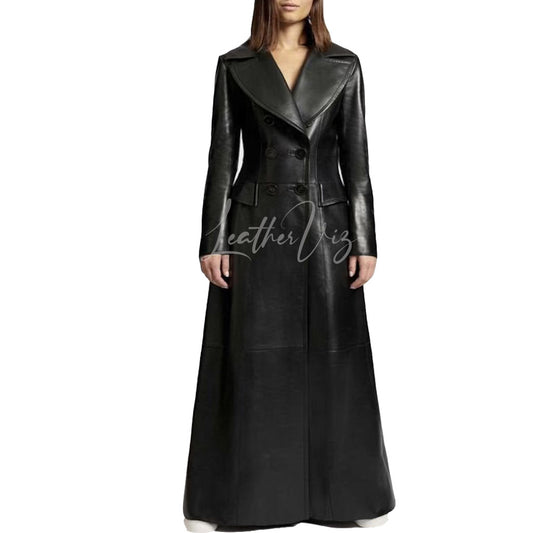 DOUBLE BREASTED WIDE COLLAR WOMEN LEATHER TRENCH COATS