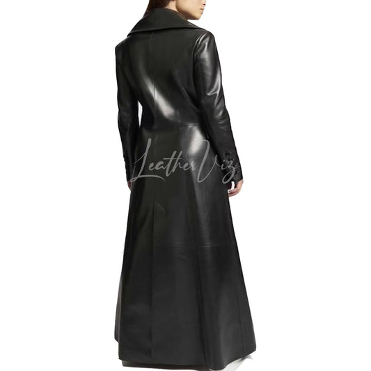 DOUBLE BREASTED WIDE COLLAR WOMEN LEATHER TRENCH COATS