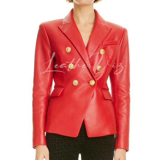 DOUBLE BREASTED WOMEN RED CORPORATE LEATHER BLAZER