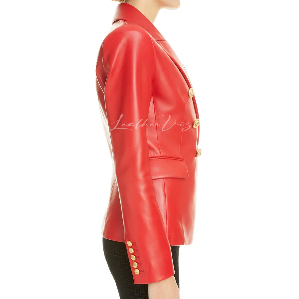 DOUBLE BREASTED WOMEN RED CORPORATE LEATHER BLAZER