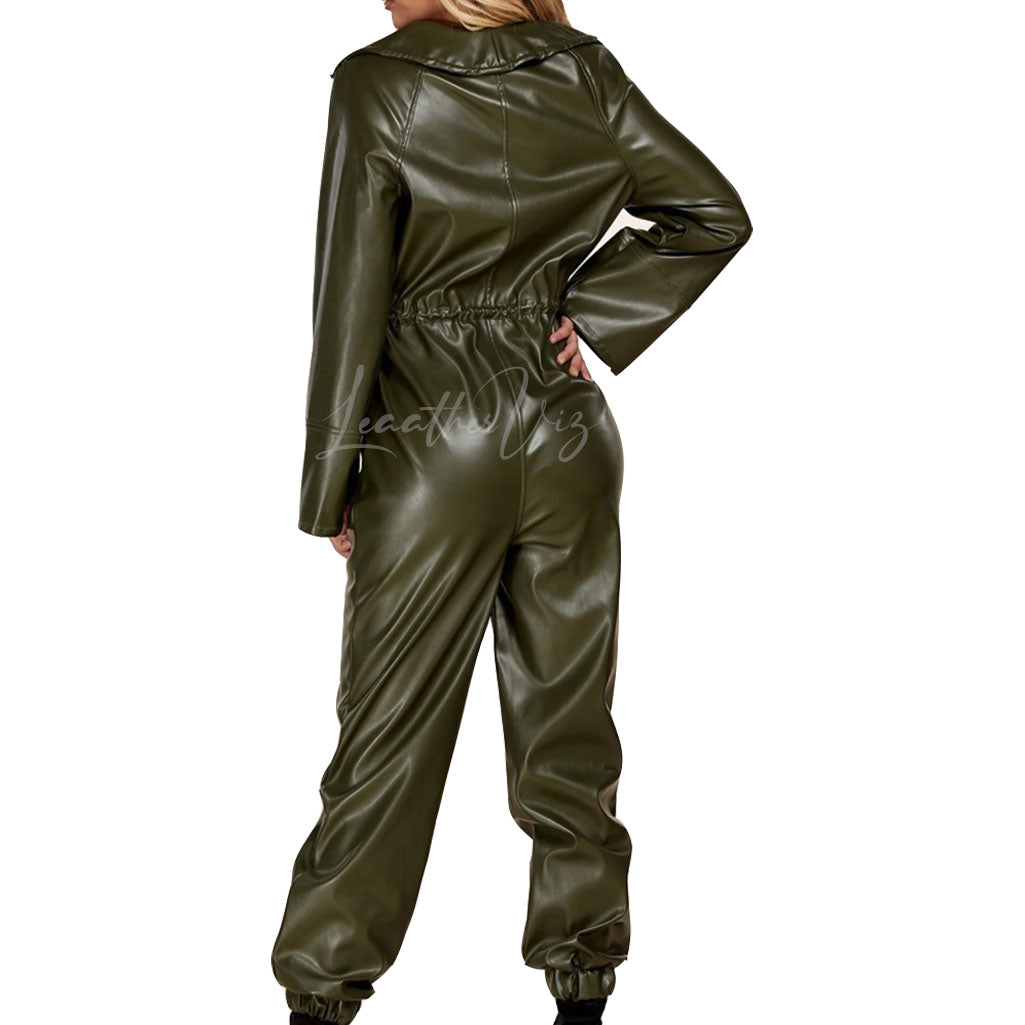 DRAWSTRING TIE WAIST WOMEN LEATHER JUMPSUIT