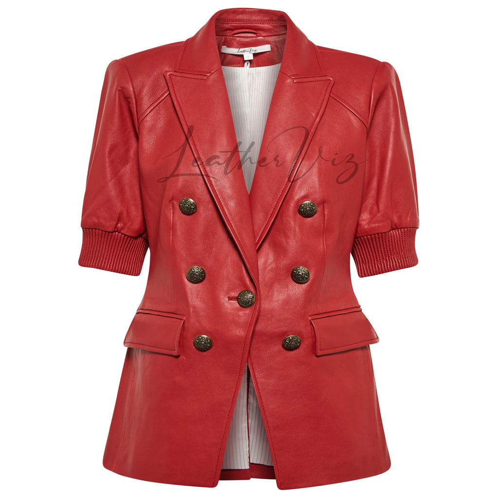 ELASTICATED CUFFS WOMEN RED LEATHER BLAZER