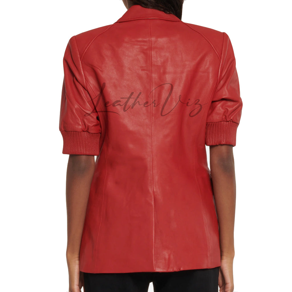 ELASTICATED CUFFS WOMEN RED LEATHER BLAZER