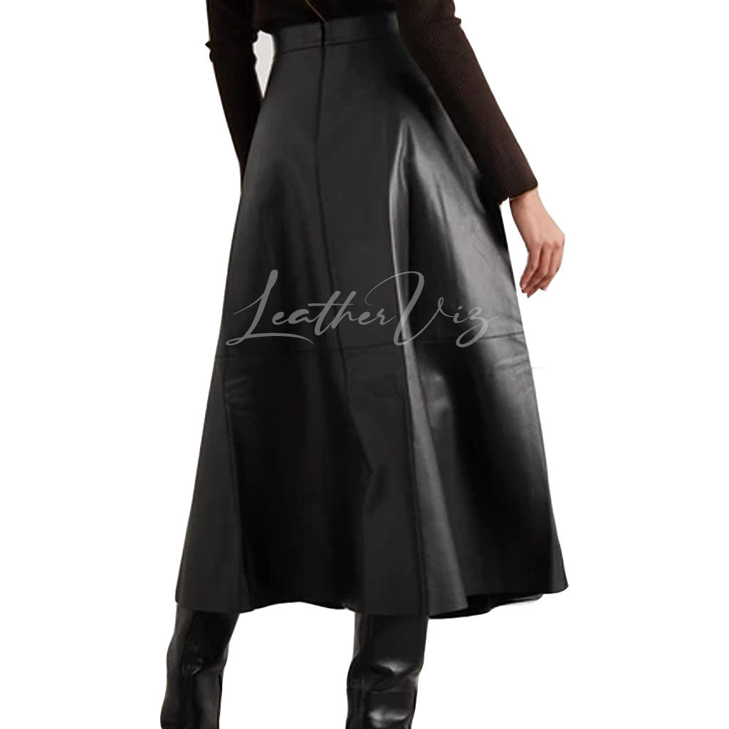 FITTED WAISTBAND WOMEN BLACK LEATHER SKIRT