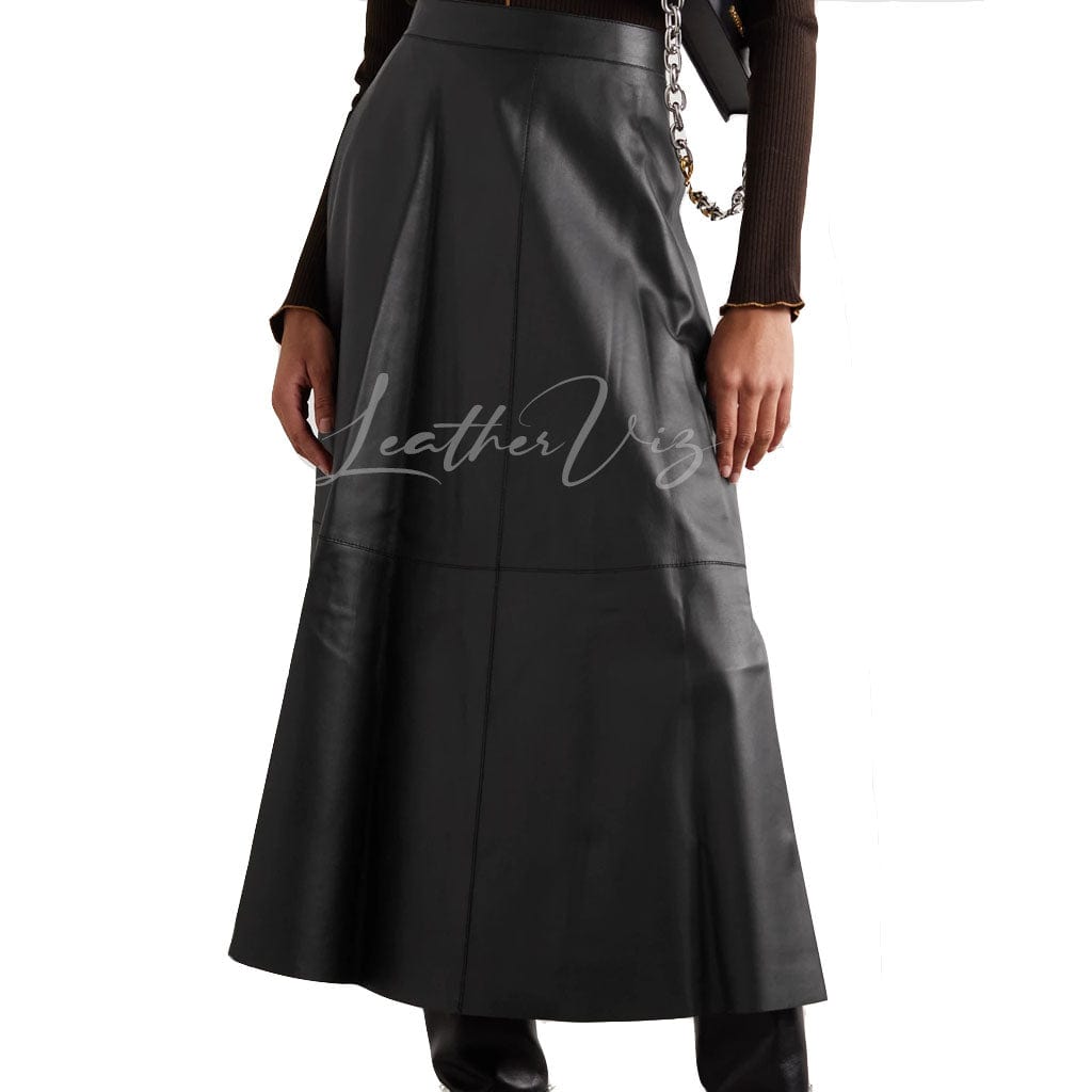 FITTED WAISTBAND WOMEN BLACK LEATHER SKIRT