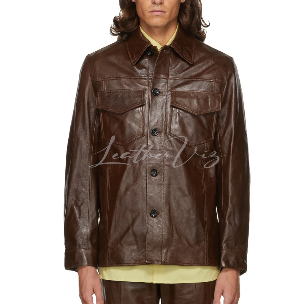 FLAP POCKETS MEN BROWN LEATHER JACKET