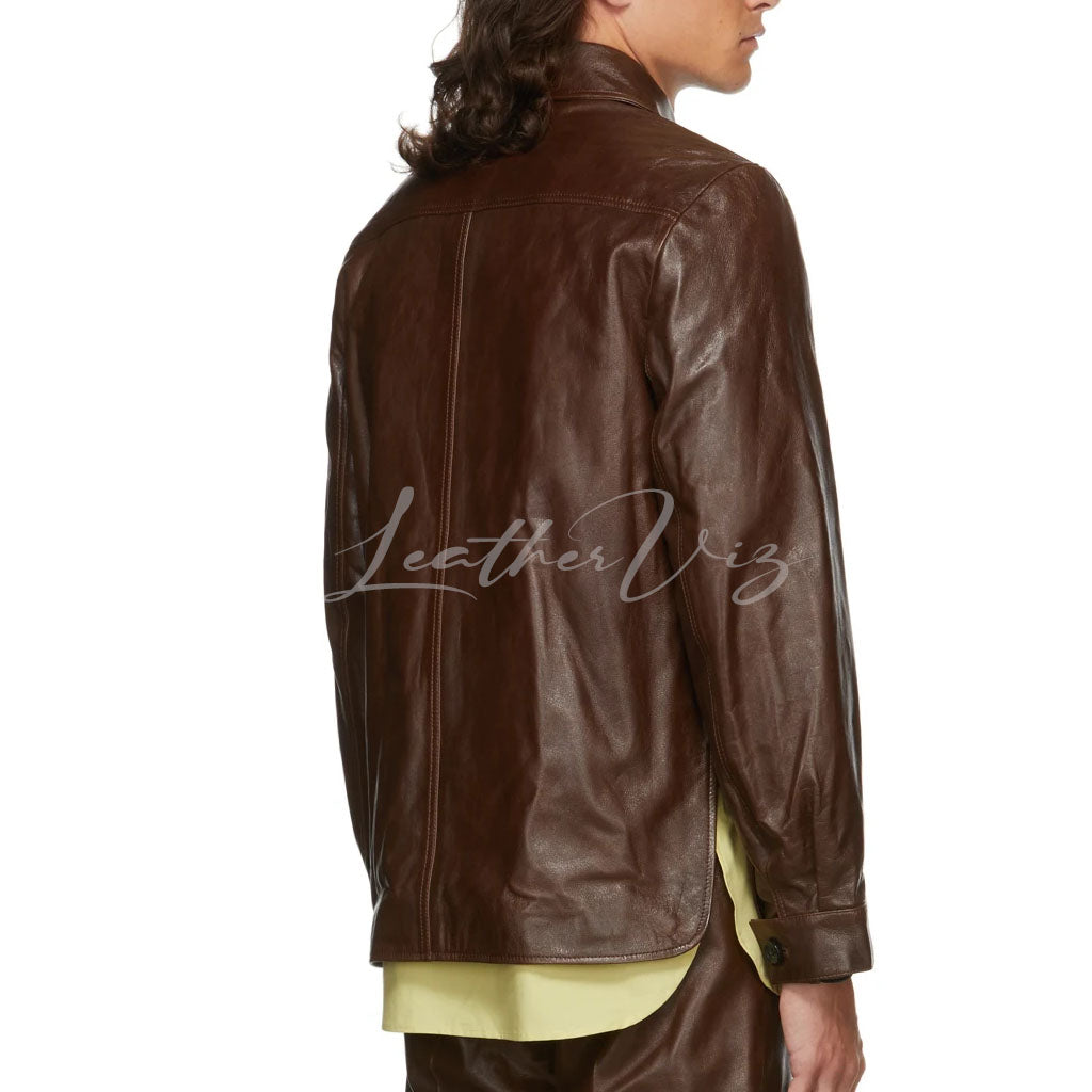 FLAP POCKETS MEN BROWN LEATHER JACKET