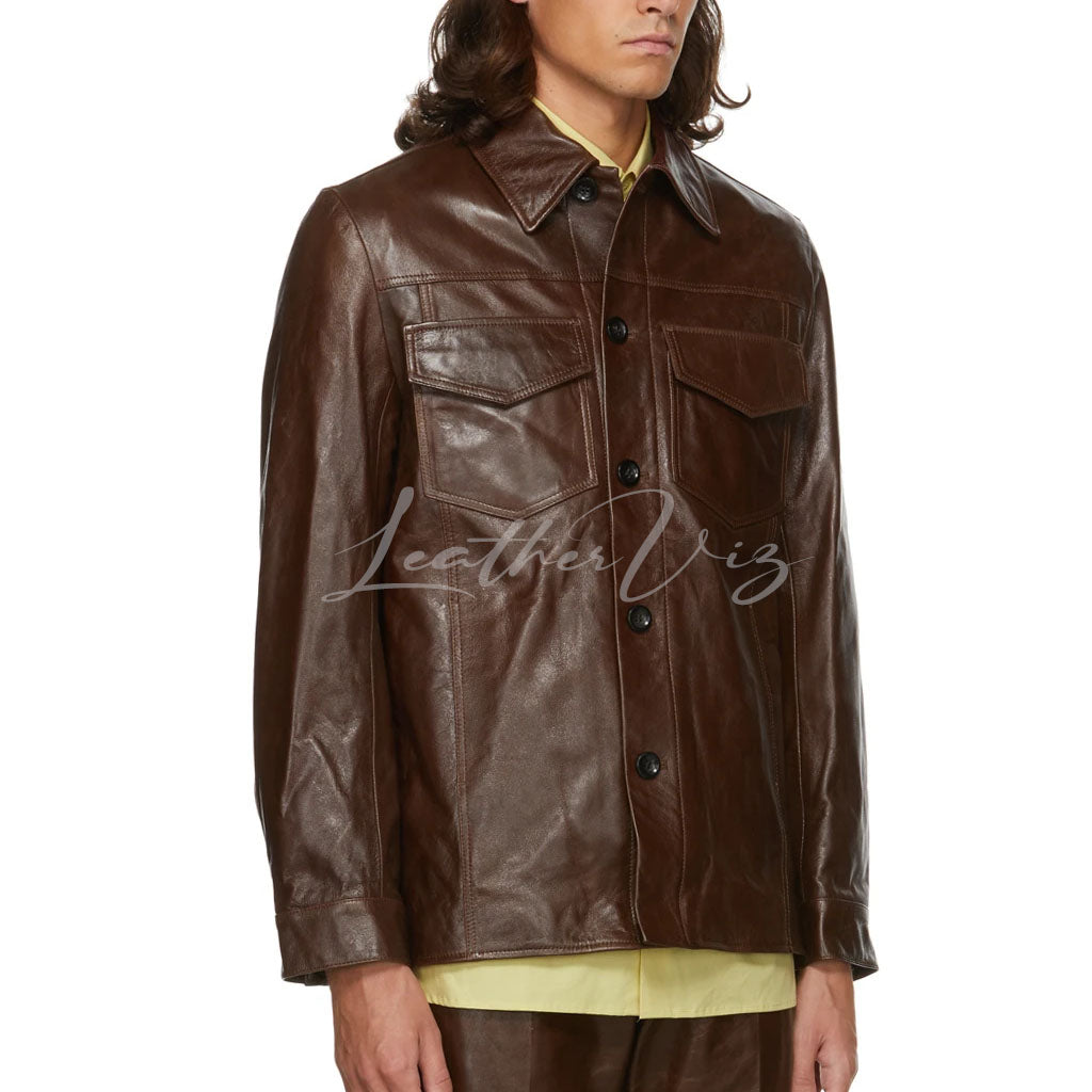 FLAP POCKETS MEN BROWN LEATHER JACKET