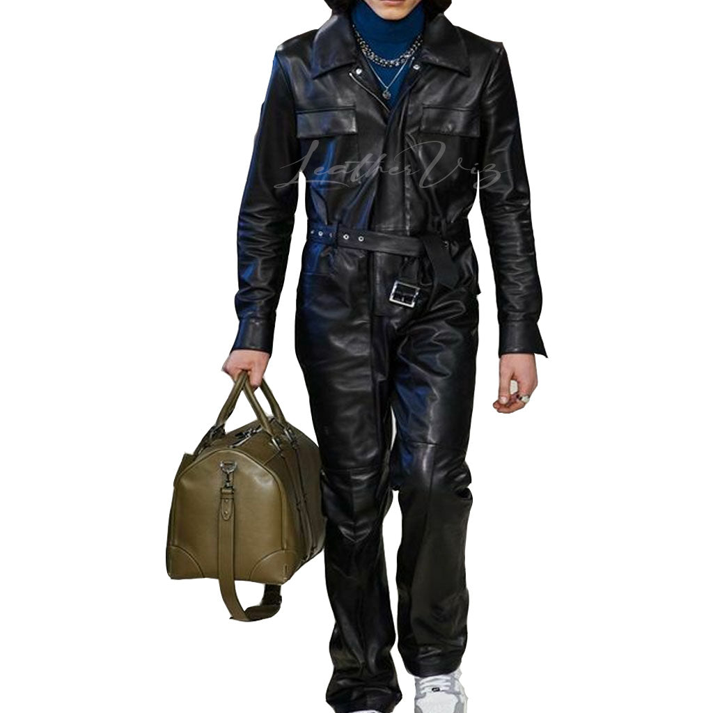 Pocket Styling Leather jumpsuit for men