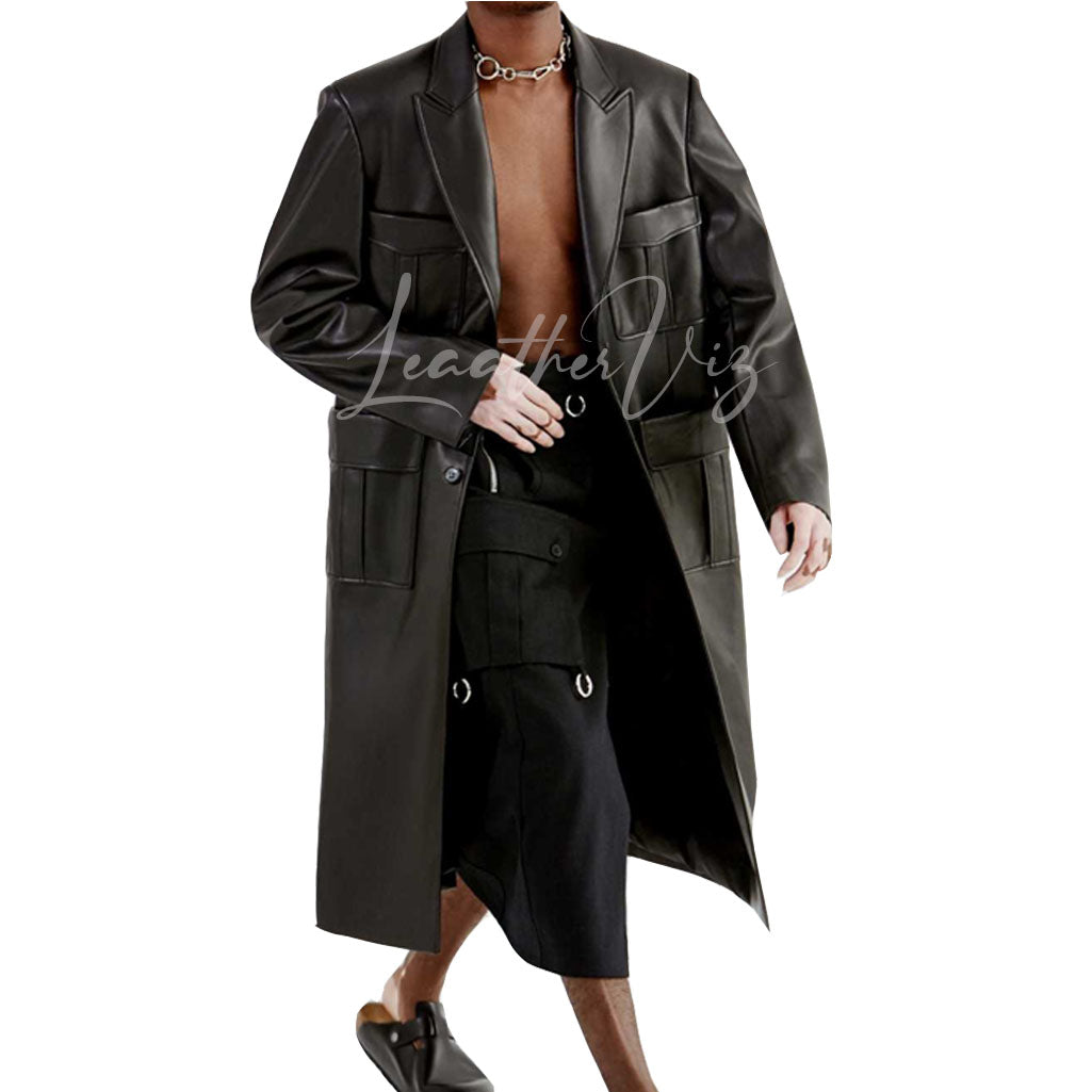 FLAP POCKETS MEN LEATHER TRENCH COAT