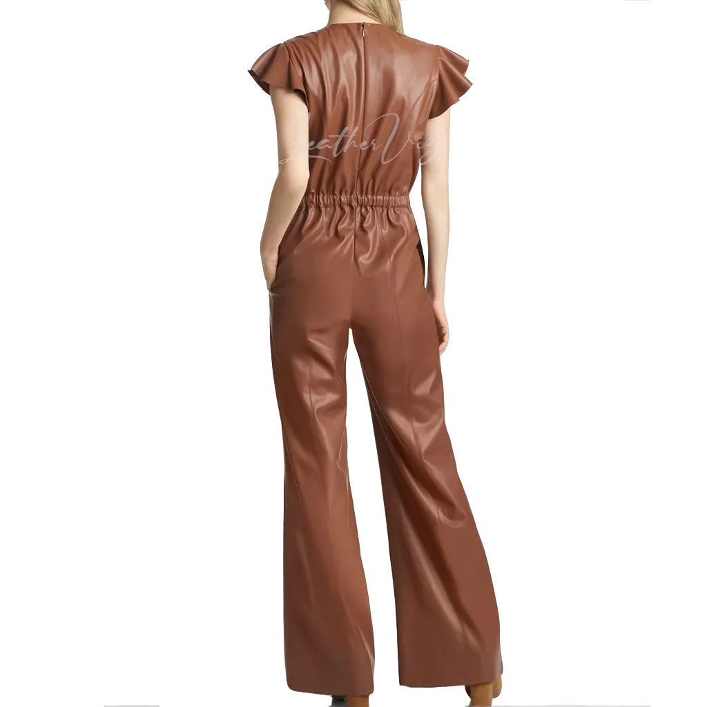 FLOUNCE SLEEVE FAUX WOMEN LEATHER JUMPSUIT