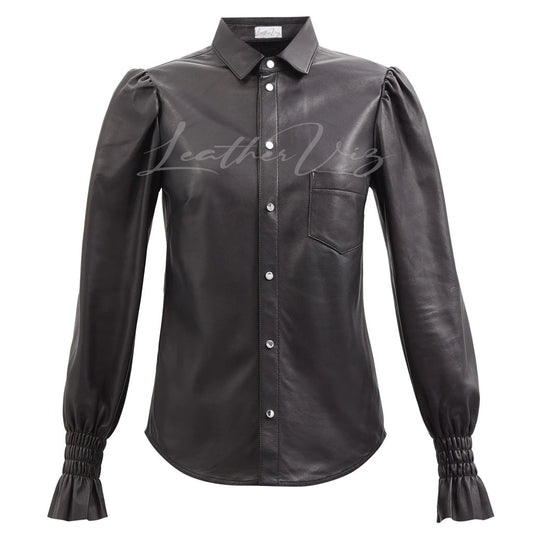 FLUTED-CUFF WOMEN LEATHER SHIRT