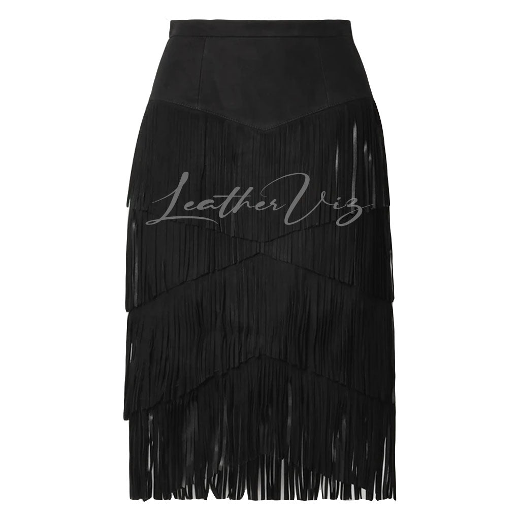 FRINGED STYLE SUEDE LEATHER MIDI SKIRT FOR WOMEN