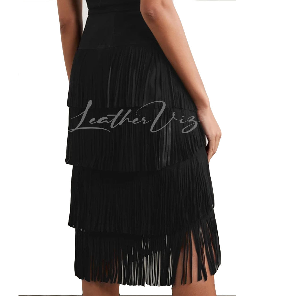 FRINGED STYLE SUEDE LEATHER MIDI SKIRT FOR WOMEN