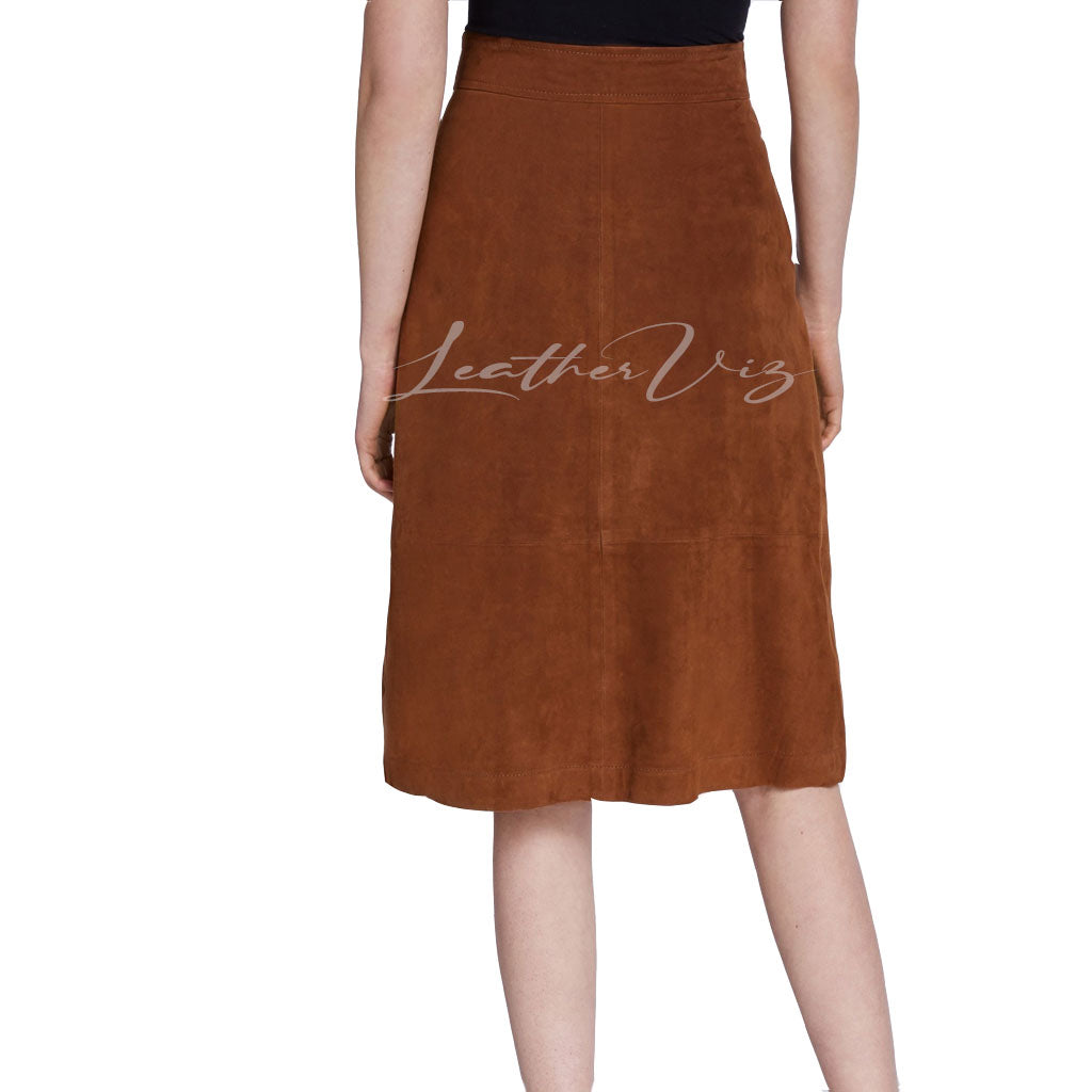 FRONT BUTTON CLOSURE SUEDE LEATHER SKIRT