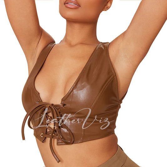 FRONT LACE-UP DETAILING HOT LEATHER CROP TOP