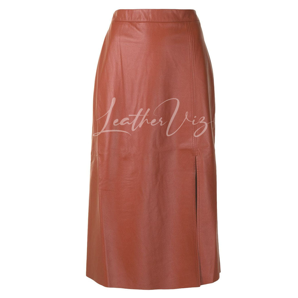 FRONT SLIT WOMEN LEATHER MIDI SKIRT