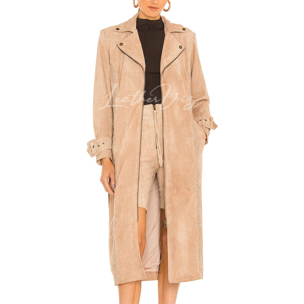 FRONT ZIPPER CLOSURE SUEDE LEATHER TRENCH COAT