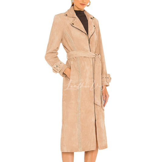 FRONT ZIPPER CLOSURE SUEDE LEATHER TRENCH COAT