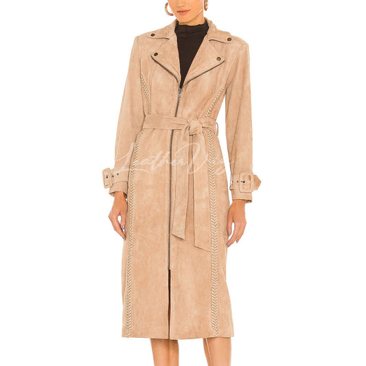 FRONT ZIPPER CLOSURE SUEDE LEATHER TRENCH COAT