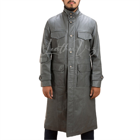 GRAY LEATHER LONG TRENCH COAT FOR MEN