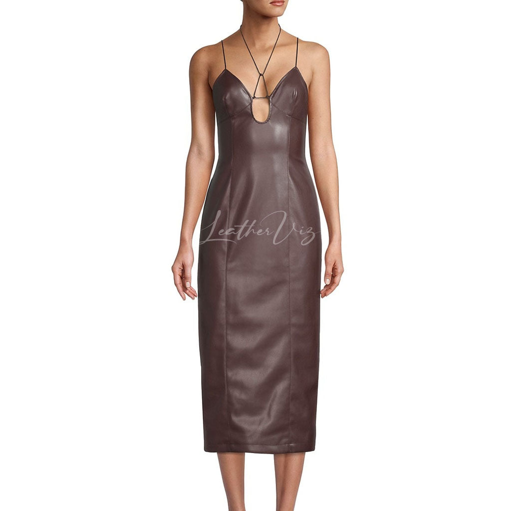 HALTER NECK WOMEN PARTY LEATHER GOWN