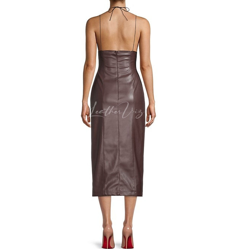HALTER NECK WOMEN PARTY LEATHER GOWN