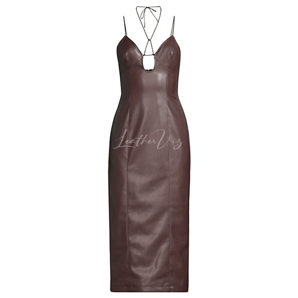 HALTER NECK WOMEN PARTY LEATHER GOWN