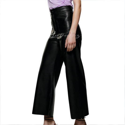 HIGH WAIST STRAIGHT LEATHER TROUSERS FOR WOMEN