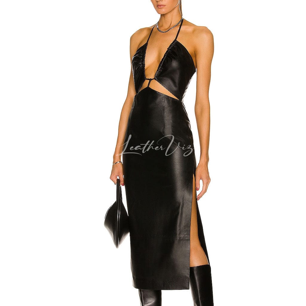 HOT STYLE CUTOUT BLACK MIDI LEATHER DRESS