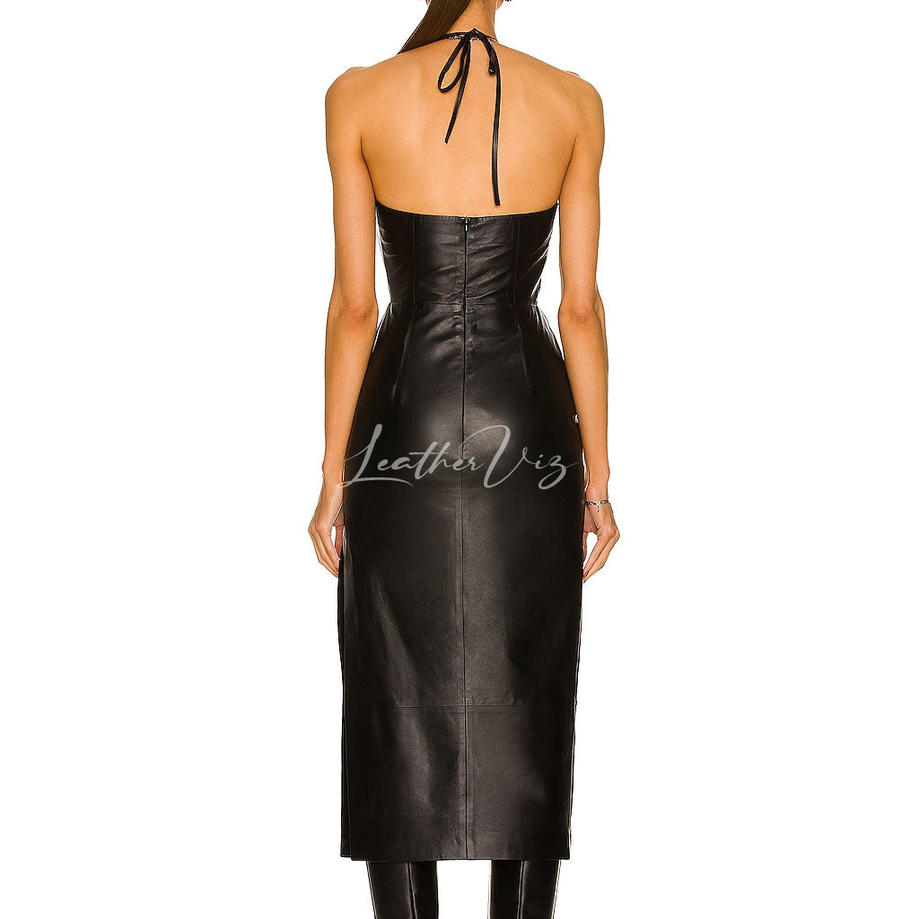 HOT STYLE CUTOUT BLACK MIDI LEATHER DRESS