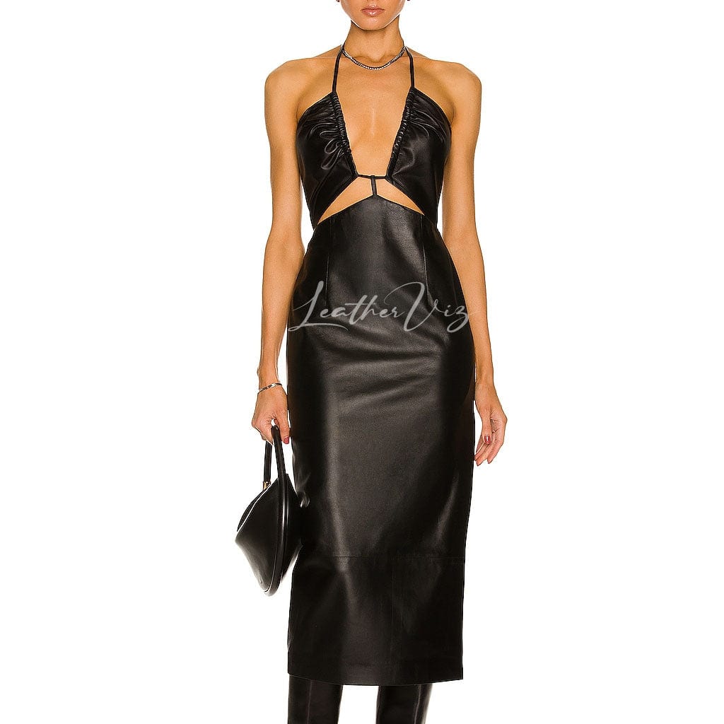 HOT STYLE CUTOUT BLACK MIDI LEATHER DRESS