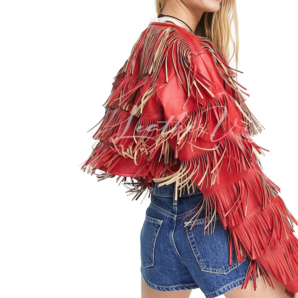 JEWEL NECKLINE FRINGE CROPPED RED LEATHER JACKET