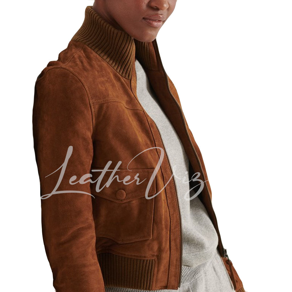 KNITTED COLLAR WOMEN SUEDE LEATHER BOMBER JACKET