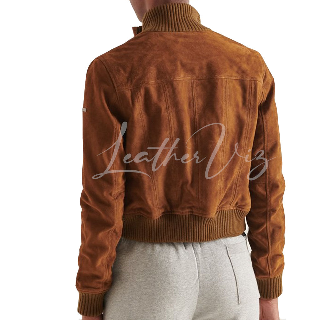 KNITTED COLLAR WOMEN SUEDE LEATHER BOMBER JACKET