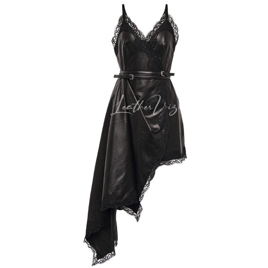 LACE-TRIMMED WOMEN PARTY LEATHER DRESS