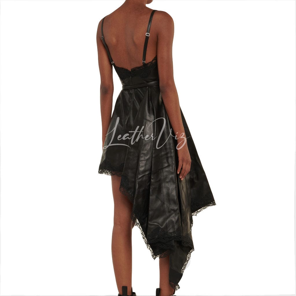 LACE-TRIMMED WOMEN PARTY LEATHER DRESS
