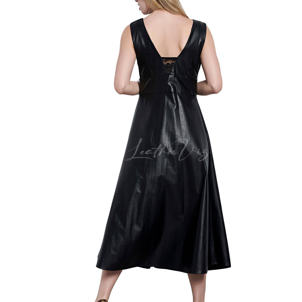 LACE DETAILING WOMEN BLACK LEATHER GOWN