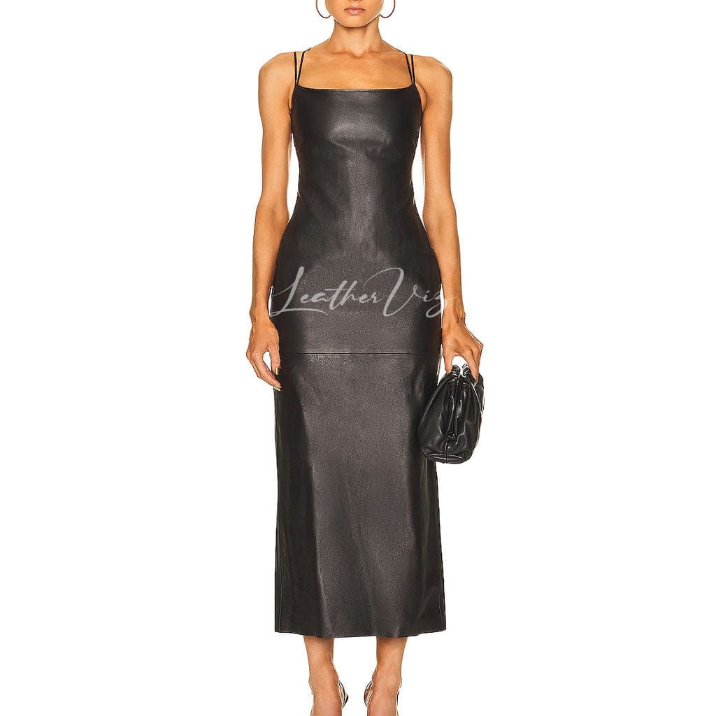 Women Party Minimalistic Gown in Genuine Leather