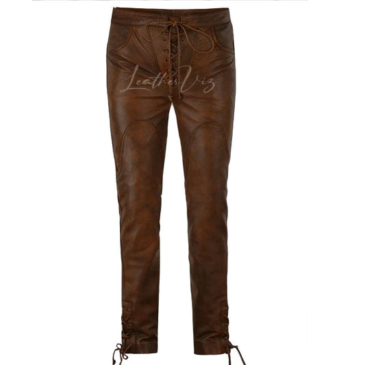 LACE UP DETAILING MEN DISTRESSED LEATHER TROUSERS