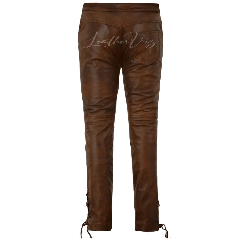 LACE UP DETAILING MEN DISTRESSED LEATHER TROUSERS