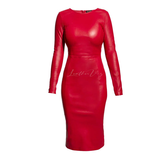 LEATHER LONG SLEEVE RED DRESS